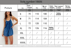 Size chart showing hips, waist, and length measurements for women's denim romper overalls