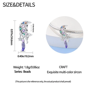 Detailed dimensions of silver moon and star dreamcatcher charm with colored zircons