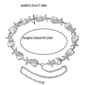 Detail of silver shell and starfish waist chain with lobster clasp and sizing specs