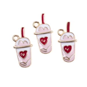 Pink heart milk tea alloy charms for DIY jewelry making with gold-plated edges