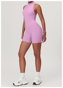 Detail of lavender high-stretch yoga jumpsuit with half-zipper collar and racerback