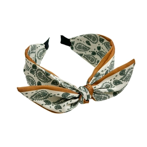 Fashionable paisley printed fabric headband with knotted bunny ears in cream and green