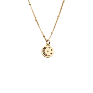 Golden moon and star pendant necklace with colorful zircons on a beaded chain for women