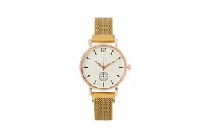 Detailed view of rose gold Milanese loop strap and white dial with sub-dial on women watch