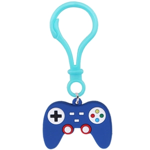 Detail of blue silicone game controller keychain with textured buttons and a blue carabiner