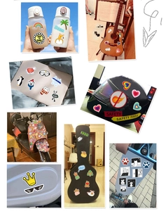 Various creative silver stickers applied to laptop, guitar and helmet surfaces