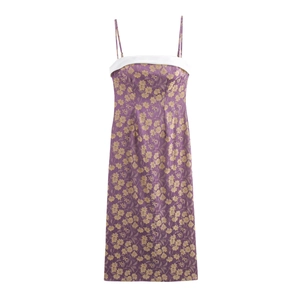 Jacquard Camisole Midi Dress Polyester Floral Retro High Waist Elegant Purple White Fold Neckline Slim Fit Women