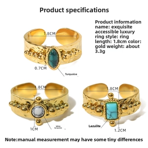 Detail of 18K gold-plated hammered rings with turquoise insets and sizing specs