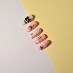 Detailed 5D nail art stickers with pink leopard, black bows and checkered patterns
