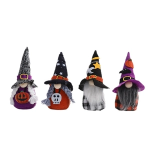 Set of four Halloween gnome plush toys with pumpkin and bat decorations on white background