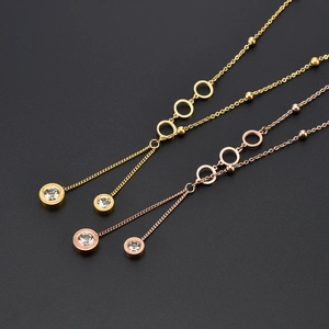 Stainless Steel Roman Numeral Geometric Circle Y Necklace With Rhinestone Tassel Pendant Elegant Fashion For Women