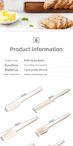 Size chart showing food-grade silicone baking spatulas and oil brush dimensions