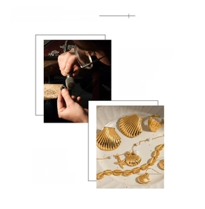 Detail of 18K gold plated shell earrings and necklace with handmade polishing texture