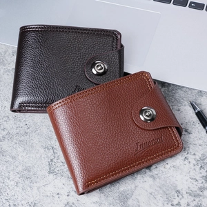 Short PU leather men wallets with pebble texture and snap closure in brown and tan