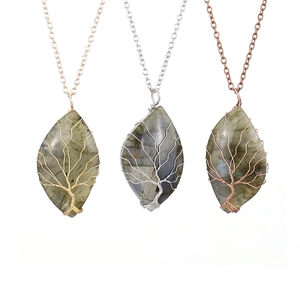 Tree Of Life Pendant Necklace Natural Labradorite Wire Wrapped Leaf Shape Copper Hand Woven Jewelry For Women