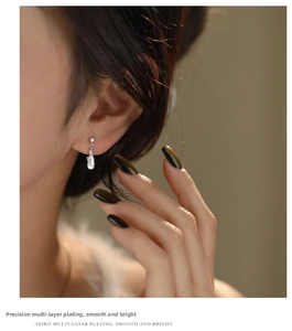 Detail of s925 sterling silver teardrop earring with cubic zirconia on female model