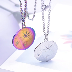 Rainbow and silver stainless steel star necklaces with hammered finish round pendants