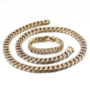 Ensemble collier chaîne cubaine et bracelet en acier doré avec strass style hip hop tendance