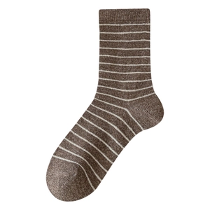 Brown wool mid-calf socks with white horizontal stripes and ribbed cuffs for women