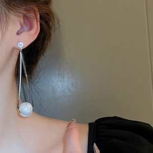 Elegant long drop earrings with zircon studs, monochrome bead chains, and large faux pearls