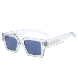 Modern rectangular thick frame sunglasses in transparent light blue with dark blue lenses