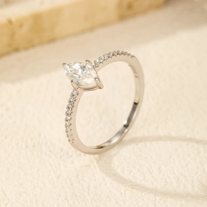 Elegant S925 sterling silver marquise cut moissanite ring with pave diamond band on stone