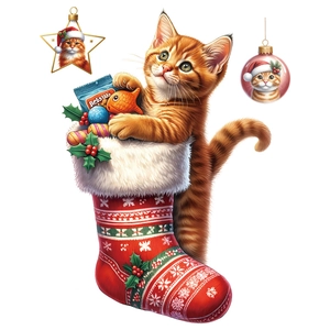 Cute Christmas cat wall sticker with orange kitten in a red stocking on white background