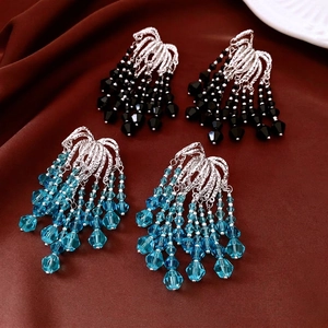 Vintage Glass Beaded Tassel Dangle Earrings With Silver Earring Post Long Elegant Luxury Jewelry For Women
