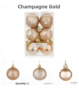 Detail of champagne gold Christmas balls showing glitter, striped, and mirror finishes