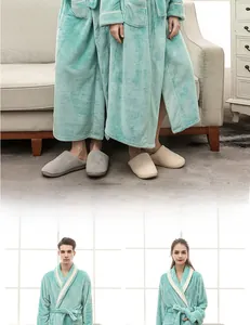 Detail view of long mint green flannel bathrobe with kimono collar and waist tie belt