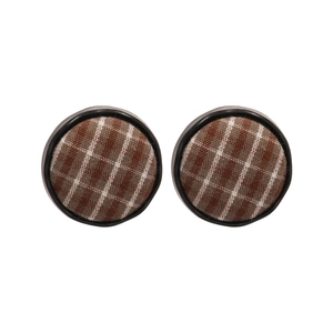 Minimalist round fabric earrings with brown plaid pattern and black frames on white background
