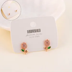Exquisite S925 sterling silver tulip stud earrings featuring pink and green cubic zirconia