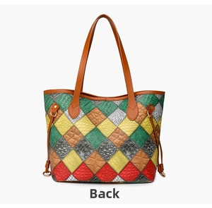 Back view of the checkered tote bag featuring multi-color faux leather and ostrich texture