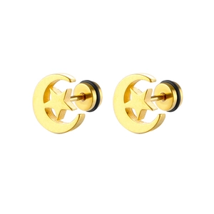 Macro shot of gold stainless steel star and moon stud earrings with screw-back design
