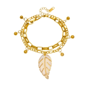 Double-layer golden stainless steel bracelet with white leaf pendant and beads charm