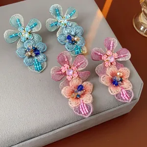 Handmade Knit Flower Earrings With Silver Earring Post Beaded Rhinestone Vacation Style Sweet Floral Jewelry For Women