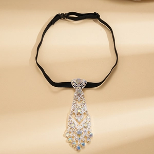 Macro view of adjustable crystal tie necklace with silver rhinestones and black elastic band