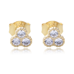Minimalist S925 sterling silver gold stud earrings with sparkling three-stone zircons