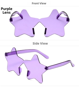 Front and side views of purple star-shaped rimless sunglasses for kids and parties