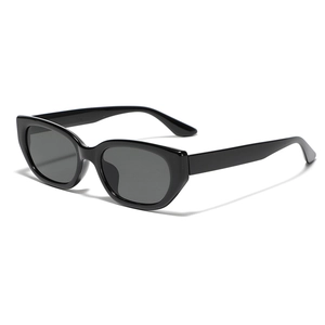 Modern narrow rectangular black sunglasses with dark lenses and sleek 3/4 angle frame