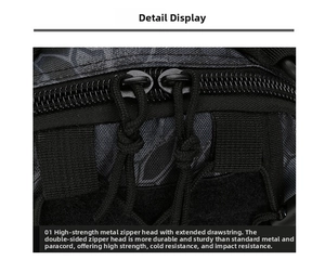 Detail of high-strength metal dual zippers with paracord pulls on camouflage bag