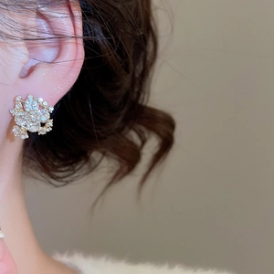 Macro shot of silver crystal flower stud earrings worn elegantly on a model's ear