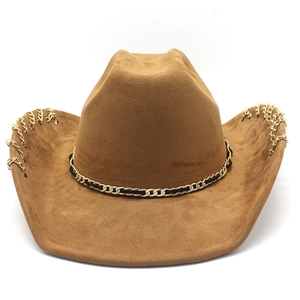 Brauner Western-Cowboyhut aus Wildlederimitat mit breiter Krempe und goldener Kette