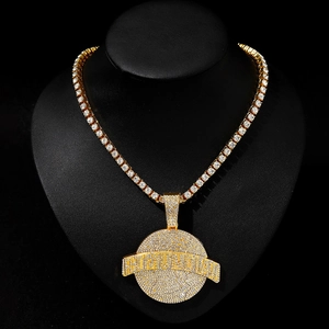 Hip Hop Pendant Necklace Iced Out Alloy Rhinestone Round Globe Plate Cuban Twist Chain Jewelry For Men