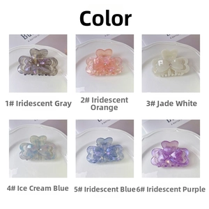 Detailed grid of six colorful butterfly hair claws with rhinestone and acetate finish