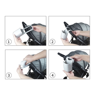 Universal gray silicone cup holder for strollers showing 4-step installation process