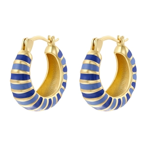 Rainbow enamel gold hoop earrings with blue striped macaron U-shape design
