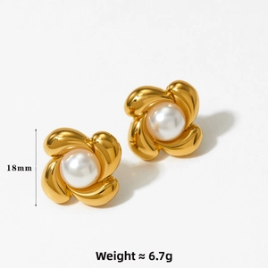 Detail shot of 18mm flower pearl earrings in gold-tone steel showing size and weight