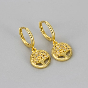 Exquisite gold Tree of Life drop earrings with white zircon inlays and S925 engraving