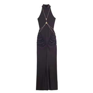Halter Maxi Dress With Gold Chain Decor Sleeveless Slim Fit Sexy Evening Party Long Dress For Women